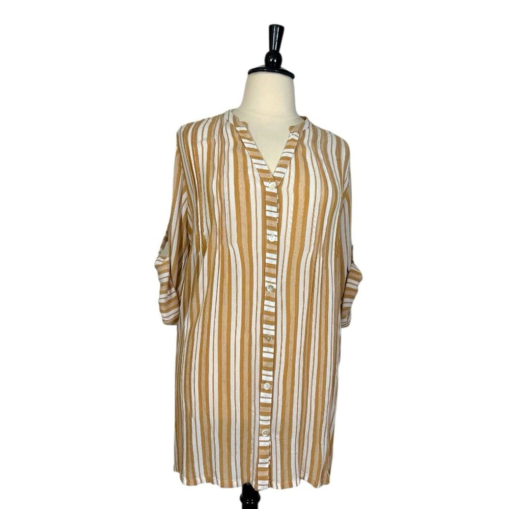 Club Z Collection Tunic Top Gauze Roll Tab Sleeve Tan Stripe Women’s Size 2X